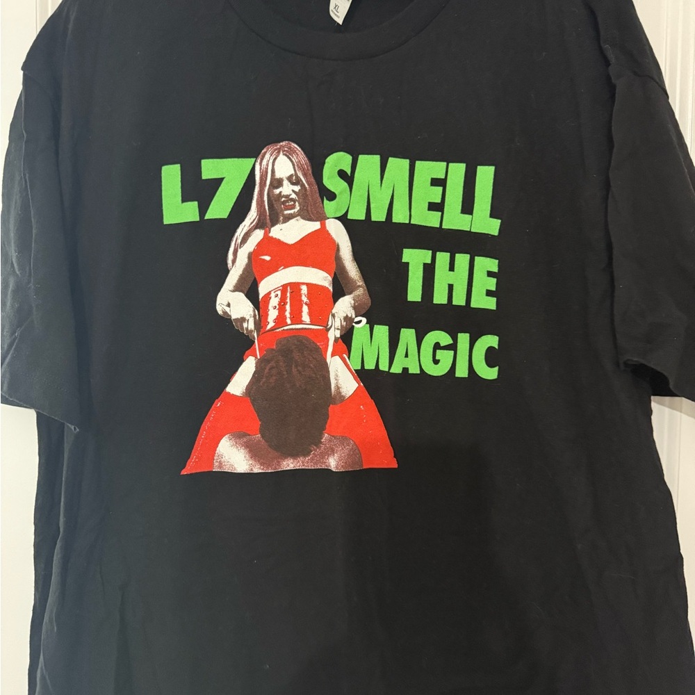 L7 "Smell The Magic" Black Band Tee with Neon Green Print